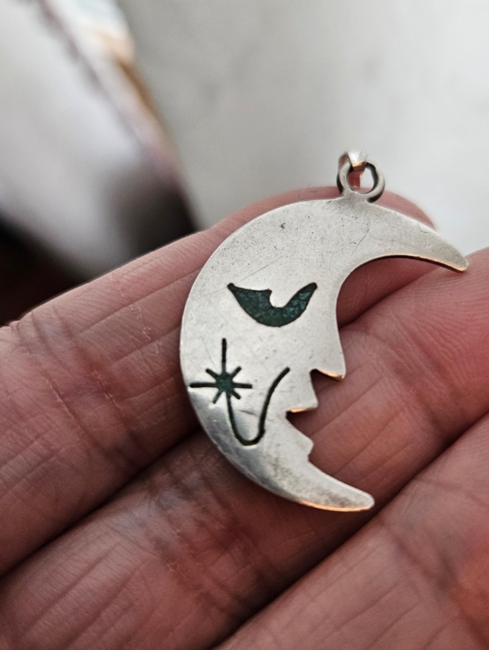 🌙 Vintage Taxco Sterling Silver Moon Pendant w/ Turquoise Inlay